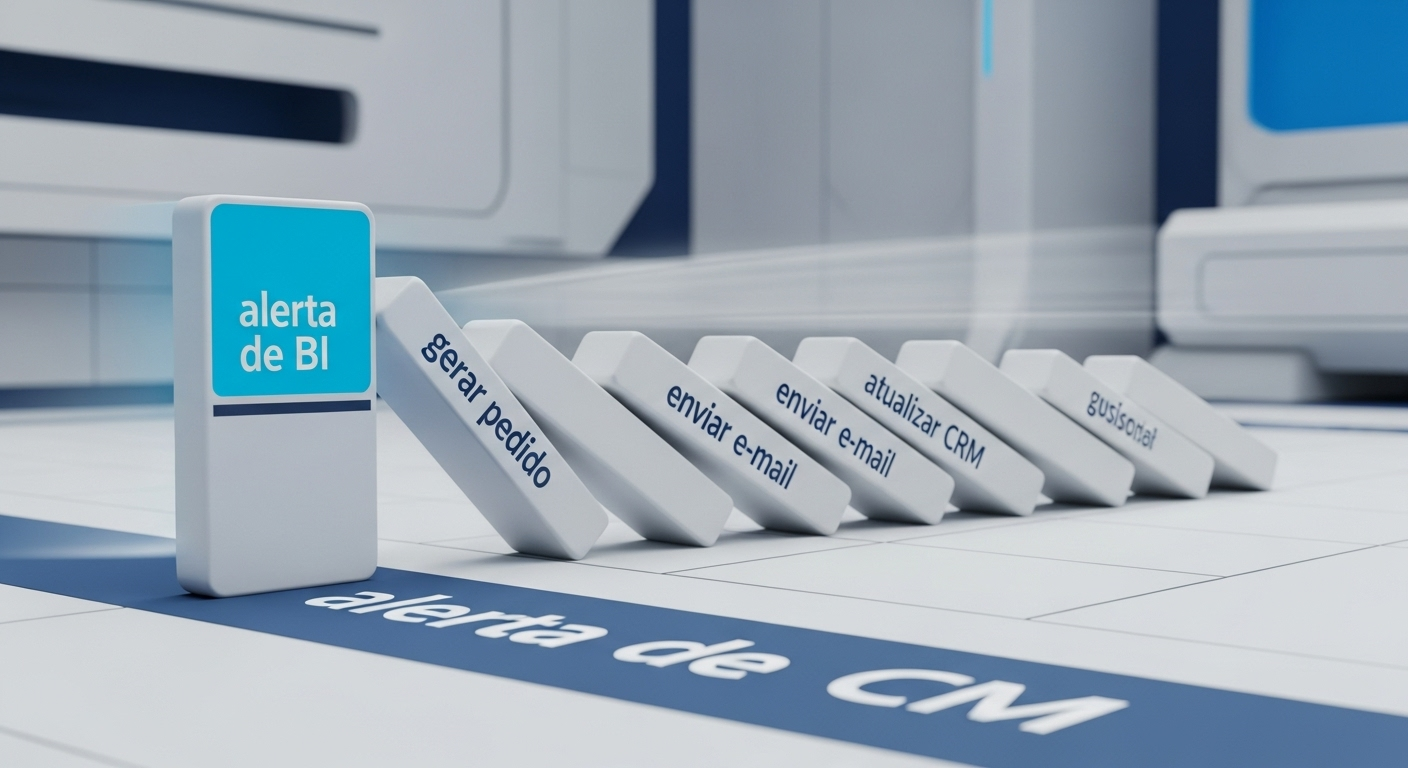 Efeito dominó onde uma peça de 'alerta de BI' aciona uma sequência de peças representando ações automatizadas, como 'RPA' e 'e-mail'.